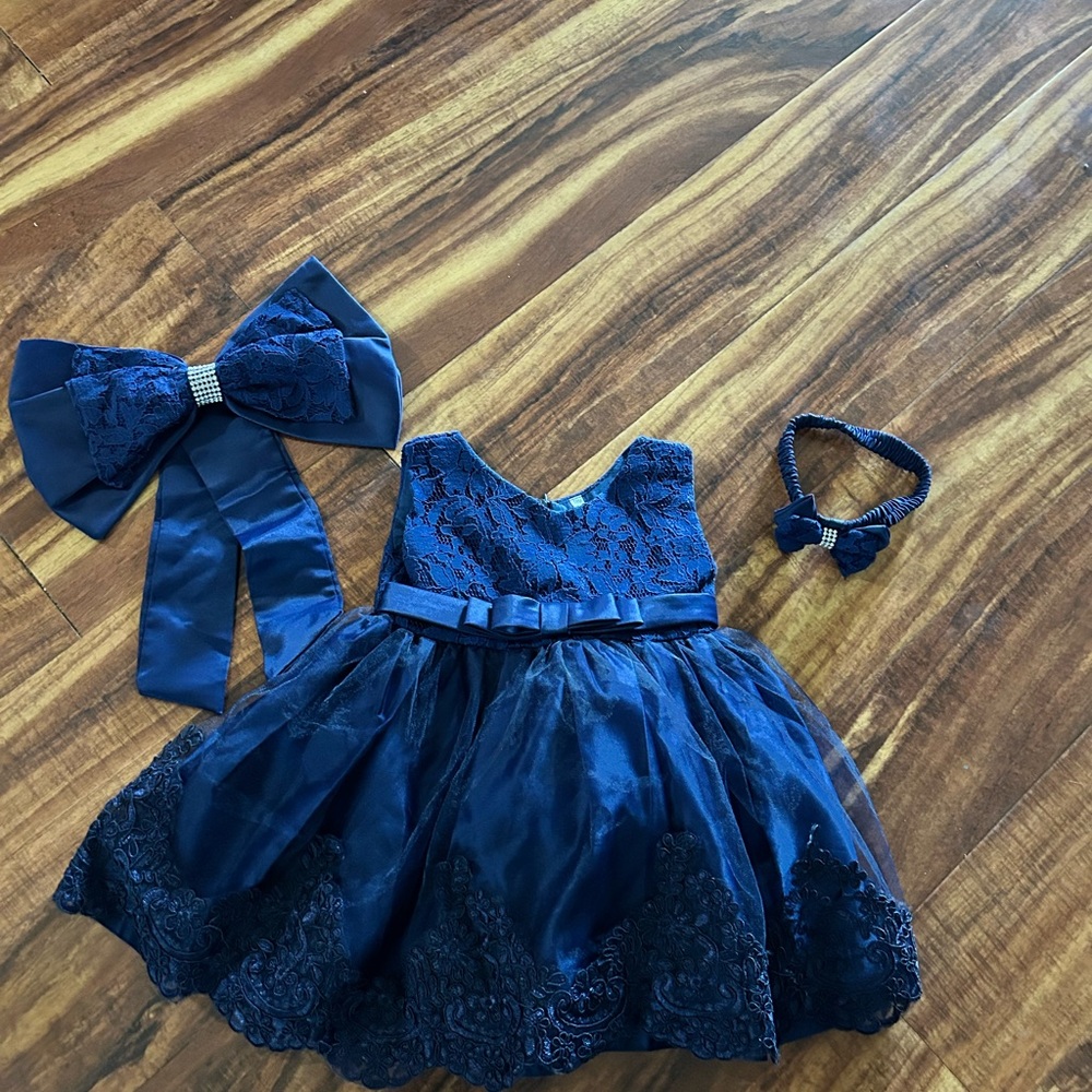 Elegant Navy Lace Dress with Bow and Headband